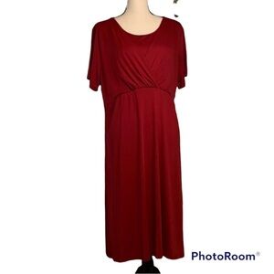 Red Short Sleeve Elastic Waist Midi Dress